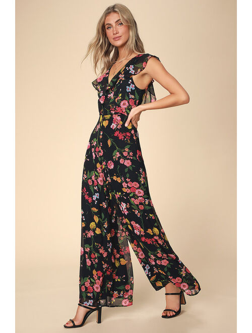 Lulus Blooming Love Black Floral Print Ruffled Jumpsuit