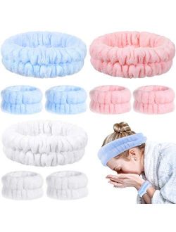 Chuangdi 9 Pieces Reusable Spa Headband Wrist Washband Face Wash Set Include 3 Microfiber Headband and 6 Wrist Washband for Women Girls Avoid Liquids from Spilling Down Y