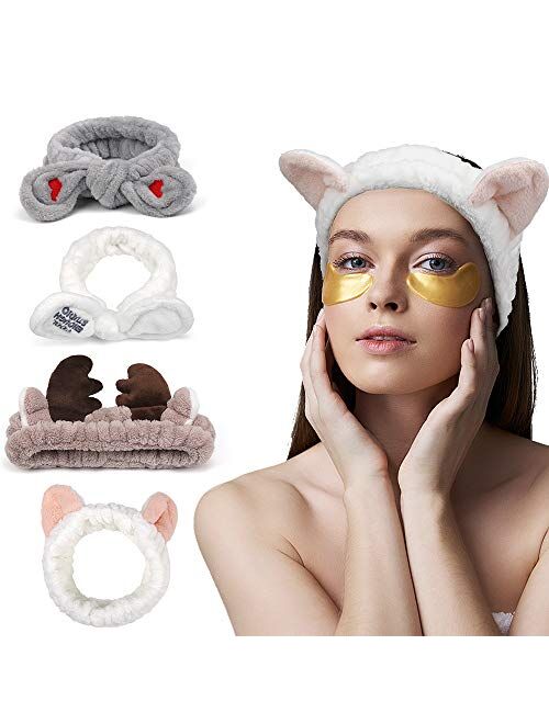 Ahoney Cute Animal Ears Shower 4Pcs Hair Band Makeup Spa Headband Women Cosmetic Running Sport Headwrap for Spa Yoga Makeup Running Washing Face