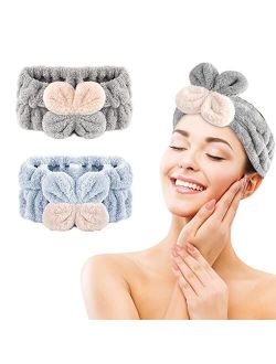 ZEALINNO Makeup Hair Band2 Pack Spa Headband Four Leaf Clover Hair Band Women Facial Makeup Head Band Soft Coral Fleece Head Wraps for Shower Washing Face