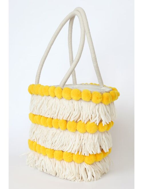 Lulus Pom Springs Yellow Pompom Fringe Straw Tote Bag