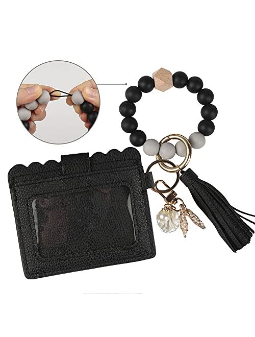 Guran Wristlet Wallet Bracelet Keychain,Card Holder Purse Tassel Keychain Bangle Key Ring for Women Girls