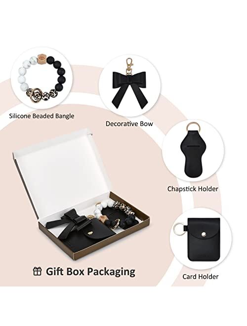 ECOSUSI Wristlet Keychain with Wallet Keychain Bracelet Silicone Beaded Key Ring Bangle with Chapstick Holder