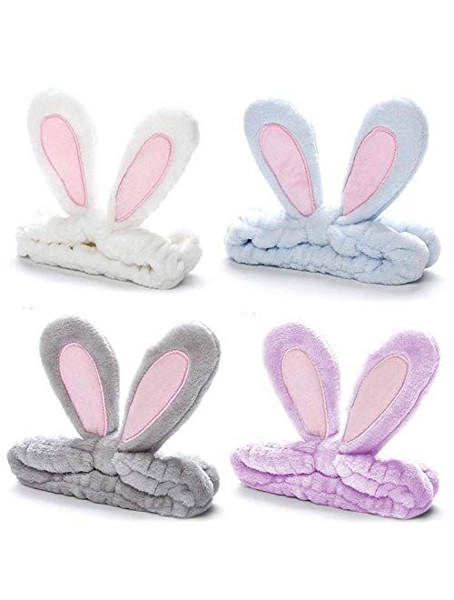 Whaline 4 Pack Easter Makeup Headband Lovely Rabbit Ear Spa Hair Band Coral Fleece Elastic Head Wrap Stretchy Headband for Party Face Washing Beauty Shower Women Girls (B