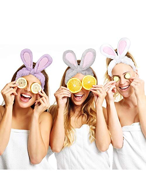 Whaline 4 Pack Easter Makeup Headband Lovely Rabbit Ear Spa Hair Band Coral Fleece Elastic Head Wrap Stretchy Headband for Party Face Washing Beauty Shower Women Girls (B