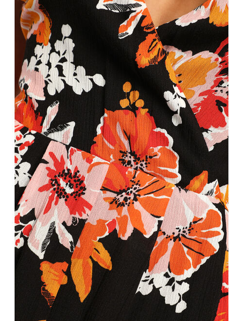 Lulus Getaway Vibes Black Floral Print Short Sleeve Wide-Leg Jumpsuit