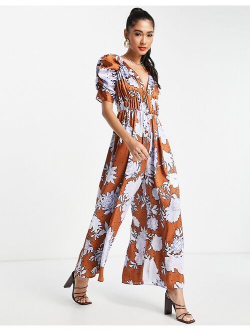 ASOS DESIGN satin ruched bust and sleeve jumpsuit in mustard floral
