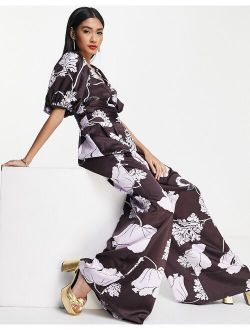 exaggerated sleeve satin jumpsuit in oversized floral