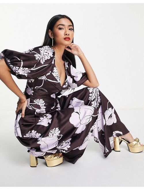 ASOS DESIGN exaggerated sleeve satin jumpsuit in oversized floral