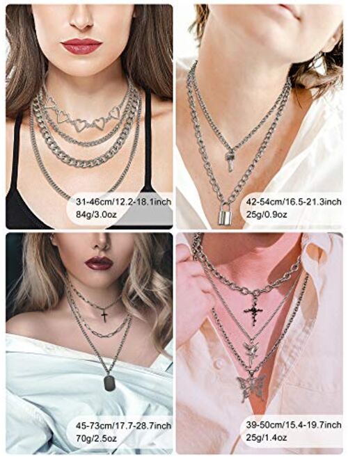 Hicarer 4 Sets Butterfly Lock Chains Pendants Necklace Hearts Layered Choker Punk Alloy Jewelry Chunky Chains Necklace for Eboy Egirl Women Men