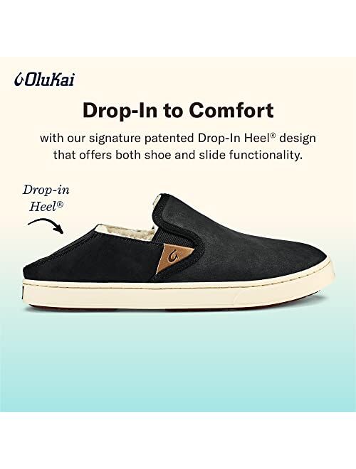 OLUKAI Pehuea Heu Women's Slip-On Sneakers, Genuine Shearling & Premium Waterproof Nubuck Leather, Cozy Slippers with Drop-in Heel Design
