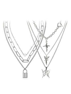 GUSHION Egirl Eboy Lock Chain Necklace for Men Male Women Teen Girls Boys, Statement Lock Key Pendant Necklace Silver Set Long Multilayer Punk Choker 2 Set