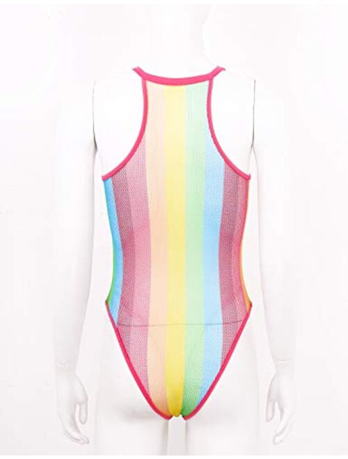 Hedmy Womens One Piece Rave Rainbow Striped Fishnet Bikini Bodysuit Leotard Beachwear for Swimwear