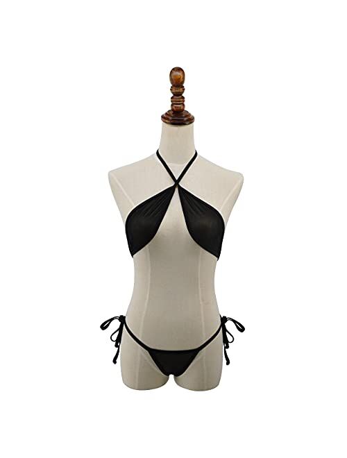 SHERRYLO Fishnet Bikini Sheer Mini Micro Bikinis See Thru Wrap Around Top Brazilian G String Thong Bottom Skimpy Swimsuits
