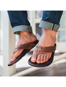 Mea Ola Men's Beach Sandals, Premium Leather Flip-Flop Slides, Compression Molded Footbed & Comfort Fit, Laser-Etched Design
