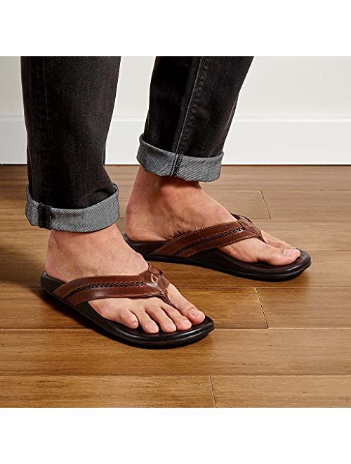 OluKai Mea Ola Men's Beach Sandals, Premium Leather Flip-Flop Slides, Compression Molded Footbed & Comfort Fit, Laser-Etched Design