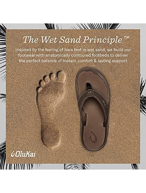 OluKai Mea Ola Men's Beach Sandals, Premium Leather Flip-Flop Slides, Compression Molded Footbed & Comfort Fit, Laser-Etched Design