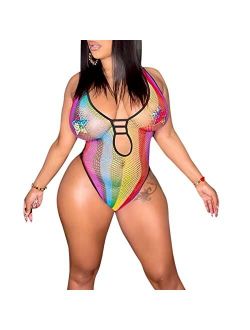 Zgmyc Women Rave Rainbow Striped Push Up Swimsuit Bikini See Through Mesh Bodysuit Beachwear for Dance Festivals