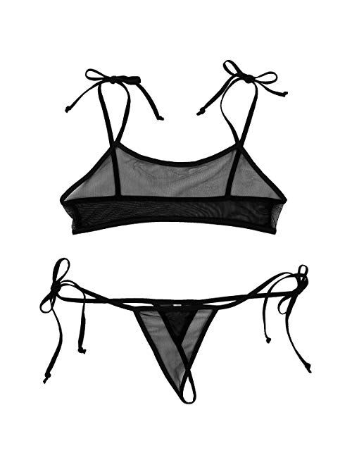iEFiEL Women See Through Micro Bikini Mesh Micro Bra Top with G-String Thong Bathing Suit Mini Swimwear
