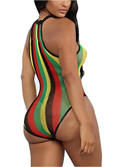 Dolce Na Womens Sexy Rainbow Striped Bikini One Piece Swimsuit See Through Mesh Bodysuit Beachwear