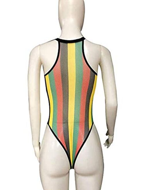 Dolce Na Womens Sexy Rainbow Striped Bikini One Piece Swimsuit See Through Mesh Bodysuit Beachwear