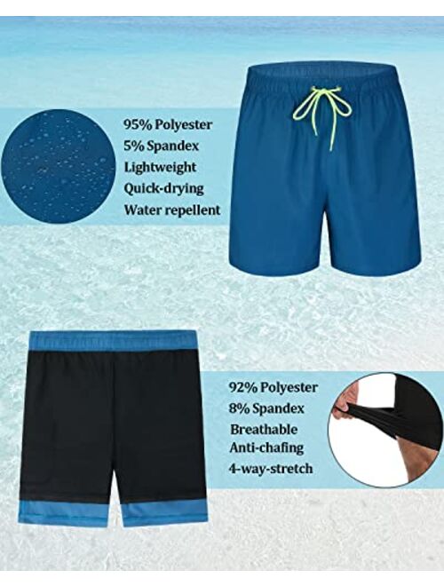 SILKWORLD Men's Swimming Trunks with Compression Liner 2 in 1 Quick-Dry Swim Shorts with Zipper Pockets