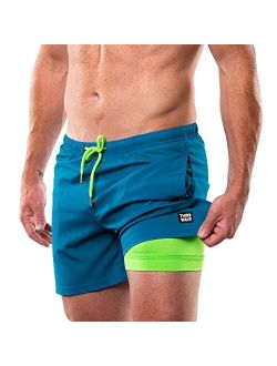 Third Wave Swim Trunks with Compression Liner - Men's Premium 5 Inch Inseam Quick Dry Swim Shorts for Beach and Swimming