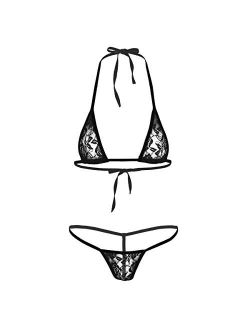 Runhomal Womens Mesh See Through Mini Micro Bikini Lingerie Halter Neck Bras Tops and Thongs Briefs