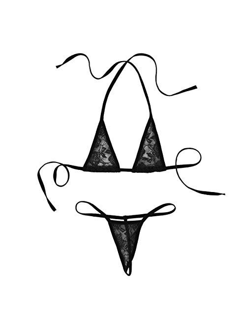 Runhomal Womens Mesh See Through Mini Micro Bikini Lingerie Halter Neck Bras Tops and Thongs Briefs