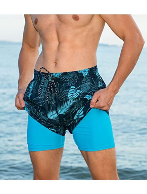 Cozople Men's Swim Trunks 5.5''Compression Liner Swim Shorts Quick Dry Boxer Brief Lined Swimwear Bathing Suits