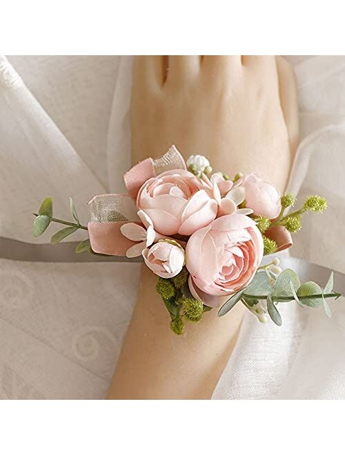 XAN Rose Wrist Corsage Wristlet Band Bracelet Boutonniere ,for Wedding Flowers Accessories Prom, for Wedding Bridal Prom Party Accessories (Pink Wrist Flower)