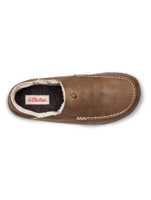 OluKai Moloa Slipper Men's Slippers, Premium Nubuck Leather Slip On Shoes, Shearling Lining & Gel Insert, Drop-In Heel Design