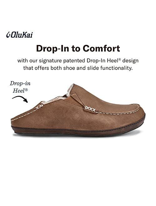 OluKai Moloa Slipper Men's Slippers, Premium Nubuck Leather Slip On Shoes, Shearling Lining & Gel Insert, Drop-In Heel Design