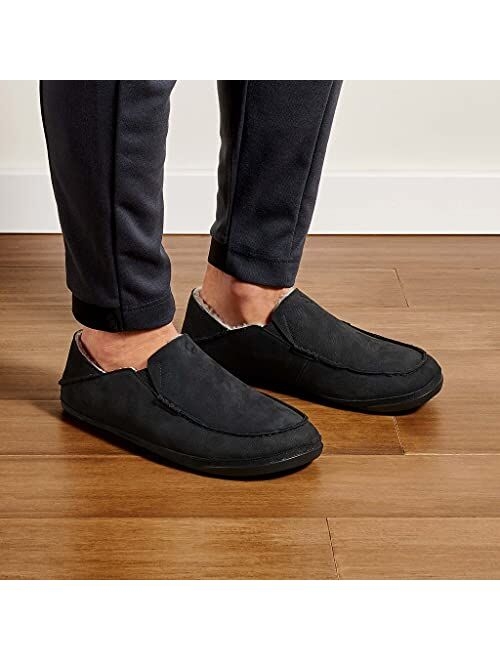 OluKai Kipuka Hulu Men's Leather Slippers, Premium Nubuck Leather Slip On Shoes, Shearling Lining & Gel Insert, Drop-In Heel Design