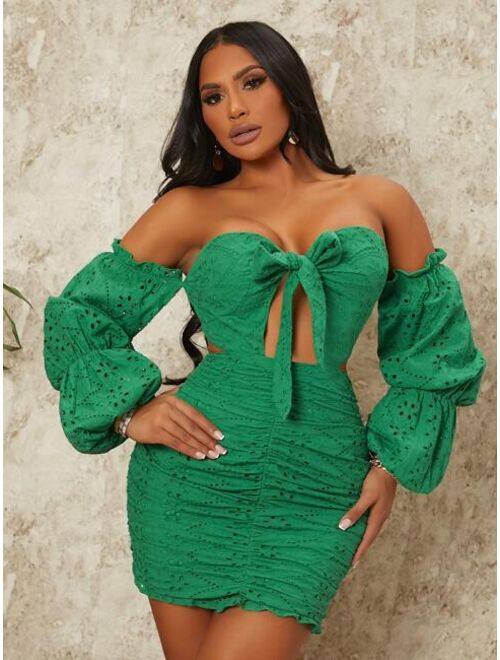 SHEIN SXY Off Shoulder Knot Front Cut Out Ruched Schiffy Bodycon Dress