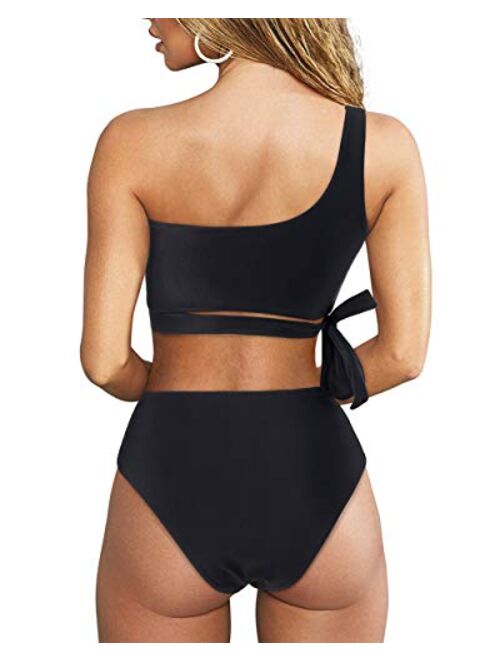 MOOSLOVER Women One Shoulder High Waisted Bikini Tie High Cut Two Piece Swimsuits