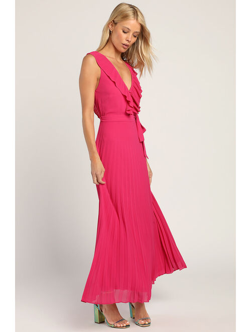 Lulus Loved By You Hot Pink Pleated Chiffon Maxi Dress