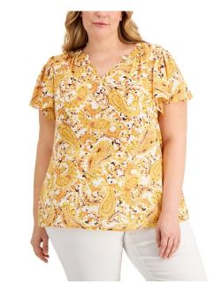 Plus Size Printed Flutter-Sleeve Top