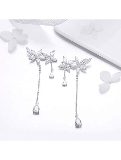 MSECVOI 925 Sterling Silver Leaves Wrap Earrings Crawler for Women Dainty Flowers Threader Tassel Chain
