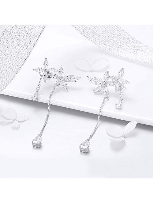 MSECVOI 925 Sterling Silver Leaves Wrap Earrings Crawler for Women Dainty Flowers Threader Tassel Chain