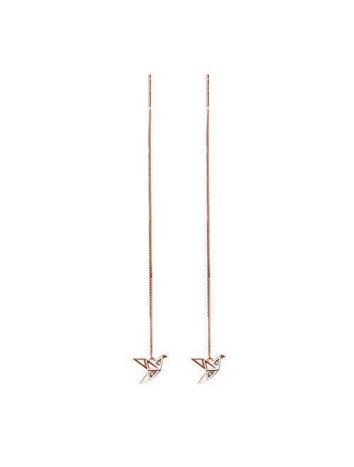 Kokoma Origami Paper Crane Dangle Drop Earrings Sterling Silver Good Luck Cute Tassel Threader Long Chain Ear Line Stud Earring Minimalist Jewelry Gifts Hypoallergenic fo