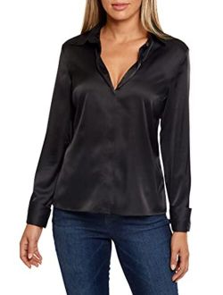Boston Proper Silky Charmeuse Button Down Blouse for Women Long Sleeve with French Cuffs, Solid Color