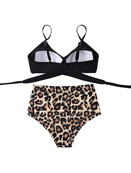 MOOSLOVER Women Leopard High Waisted Bikini Criss Cross Push Up Two Piece Swimsuits
