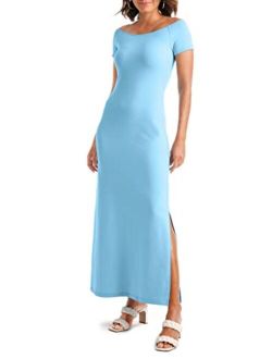 Boston Proper Off The Shoulder Short Sleeve Maxi Dress French Terry Knit Casual Solid Color