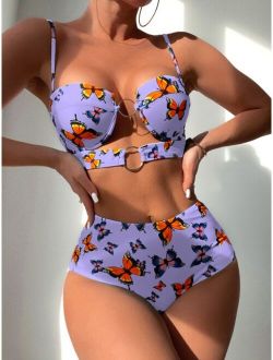 Butterfly Print Ring Linked Push Up Bikini Swimsuit