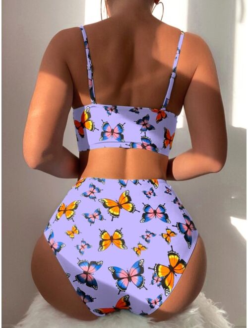 Shein Butterfly Print Ring Linked Push Up Bikini Swimsuit