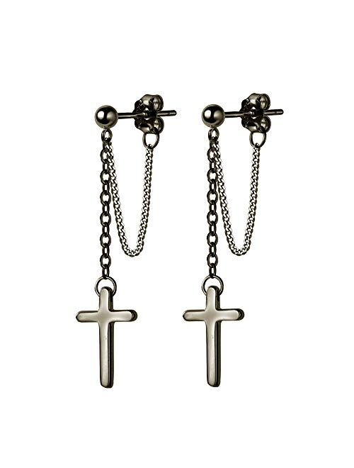 Dtja Cross Dangle Drop Earrings 925 Sterling Silver Chain Dropping for Women Men Punk Ball Studs Hypoallergenic Jewelry