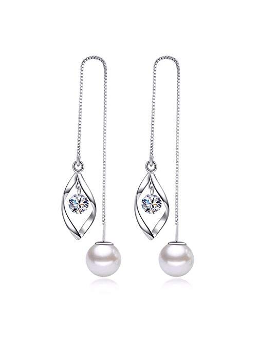MSECVOI Elegant 925 Sterling Silver Threader Tassel Earrings Pearl Ball Drop Long Chain Earrings Wedding for Women and Girls