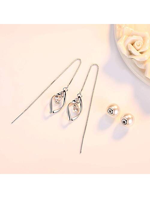 MSECVOI Elegant 925 Sterling Silver Threader Tassel Earrings Pearl Ball Drop Long Chain Earrings Wedding for Women and Girls