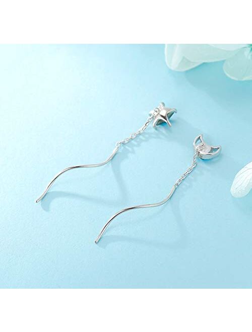 SLUYNZ 925 Sterling Silver Blue Crystal Star Moon Dangle Earrings for Women Teen Girls Star Moon Tassel Earrings Chain